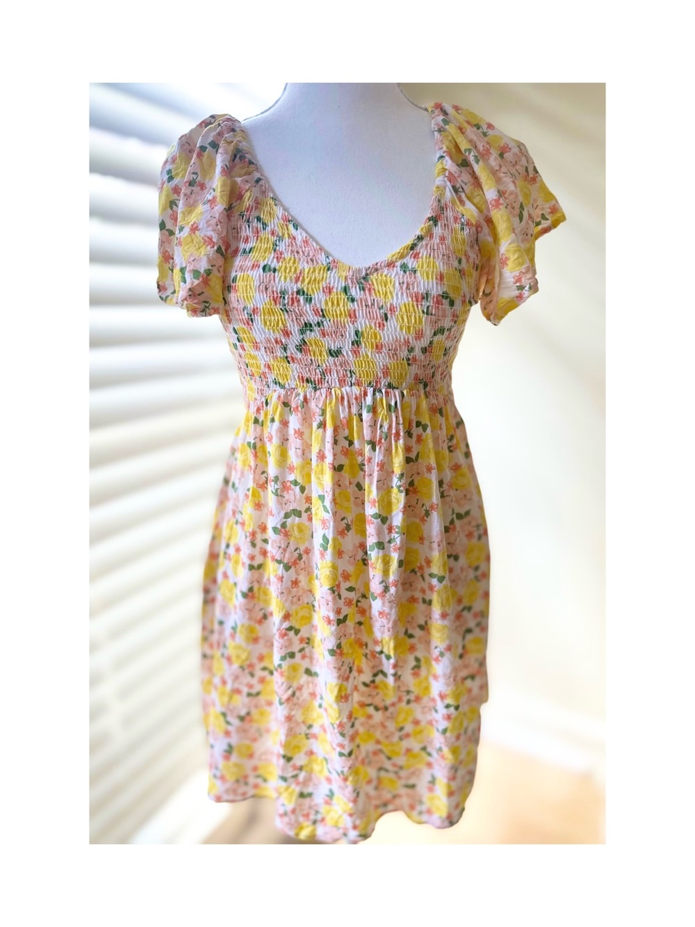 Floral Smocked Mini Dress in Yellow & Pink